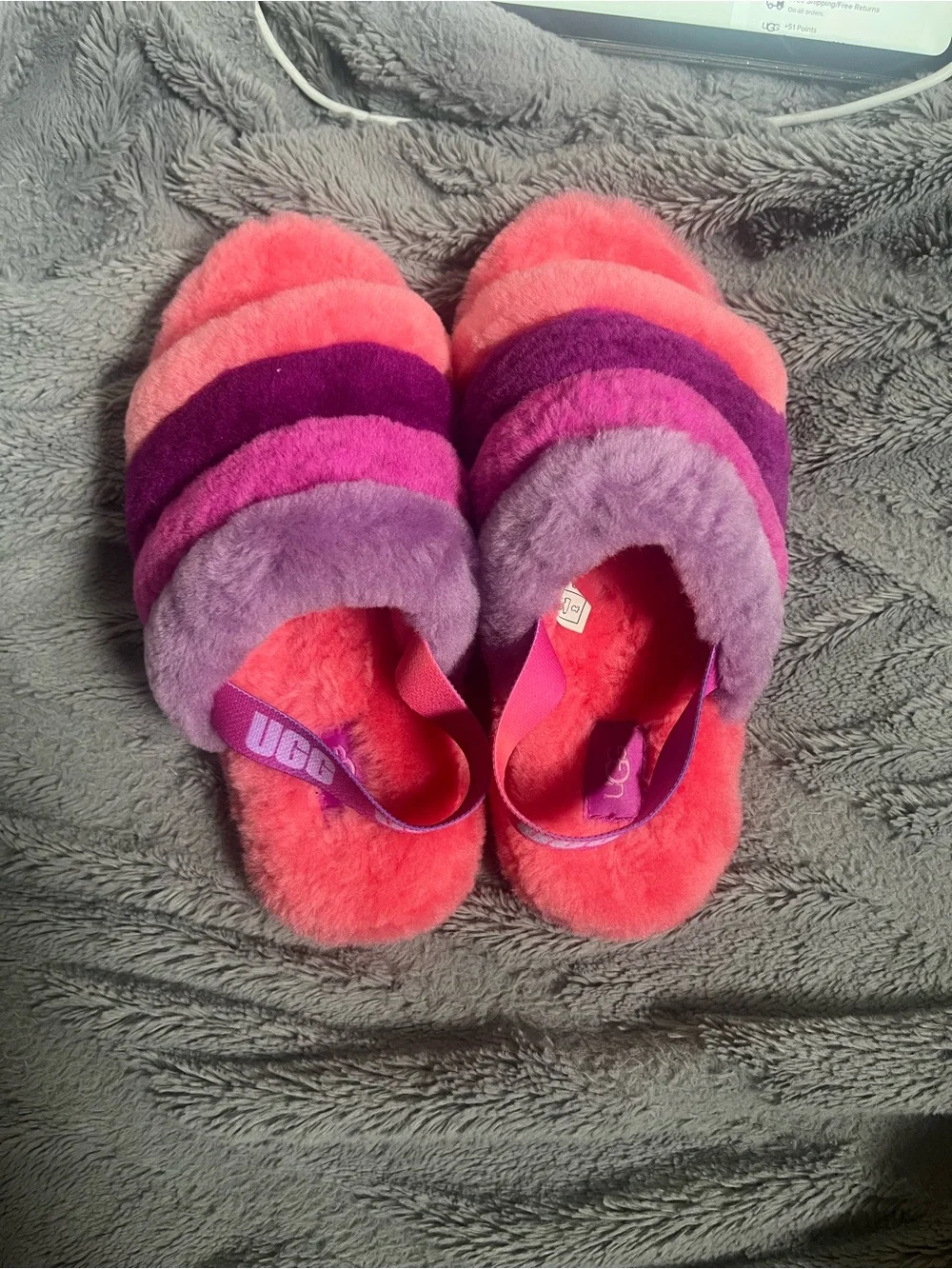 UGG Kids Pink Purple Coral Fluffy Slide Sandals